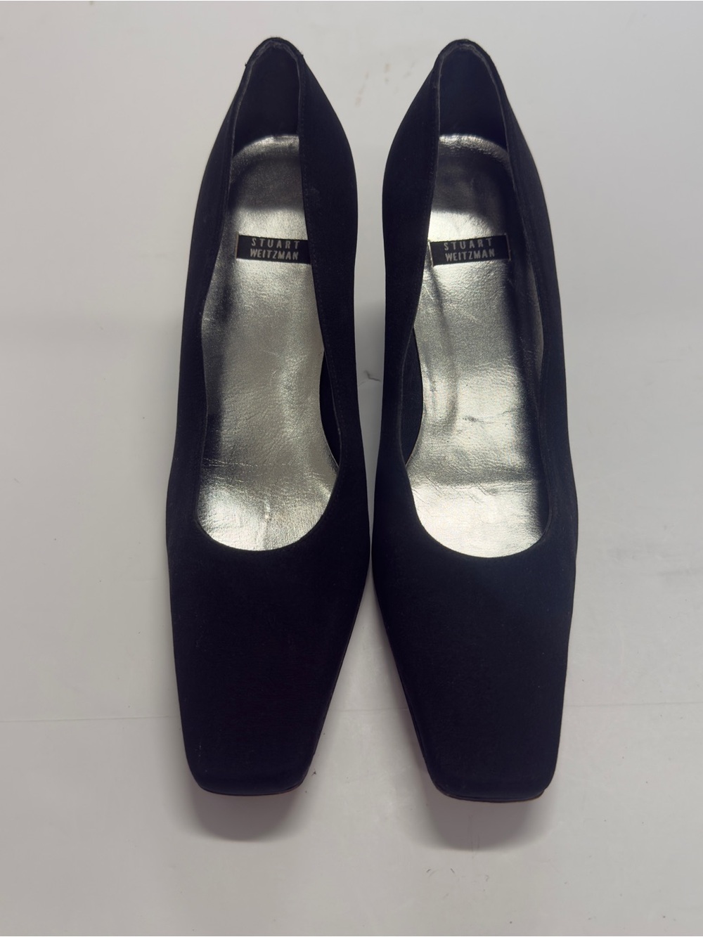 Stuart Weitzman Black Satin Square Toe Kitten Heels Pumps Size 7 EUC